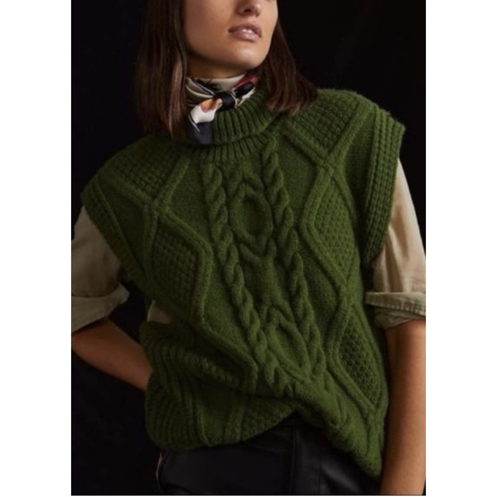 Anthropologie Cable Knit Turtleneck Sweater Vest Green‎ Coquette Minimalist OS